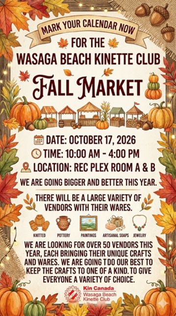 2026 Wasaga Beach Kinette Club Fall Market, October 17th 2026
