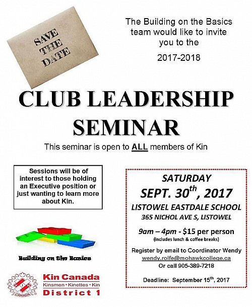 Club Leadership Seminar, Saturday, September 30, 2017 - Listowel, Ontario