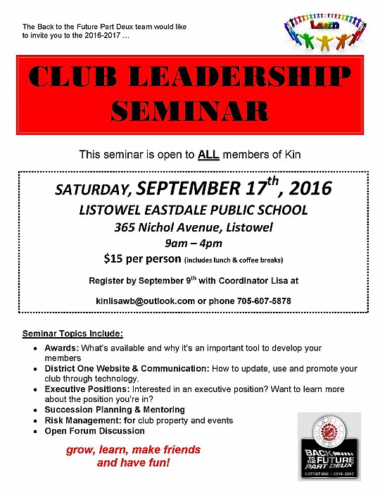 District 1 Kin Club Leadership Seminar - Saturday, September 17, 2016